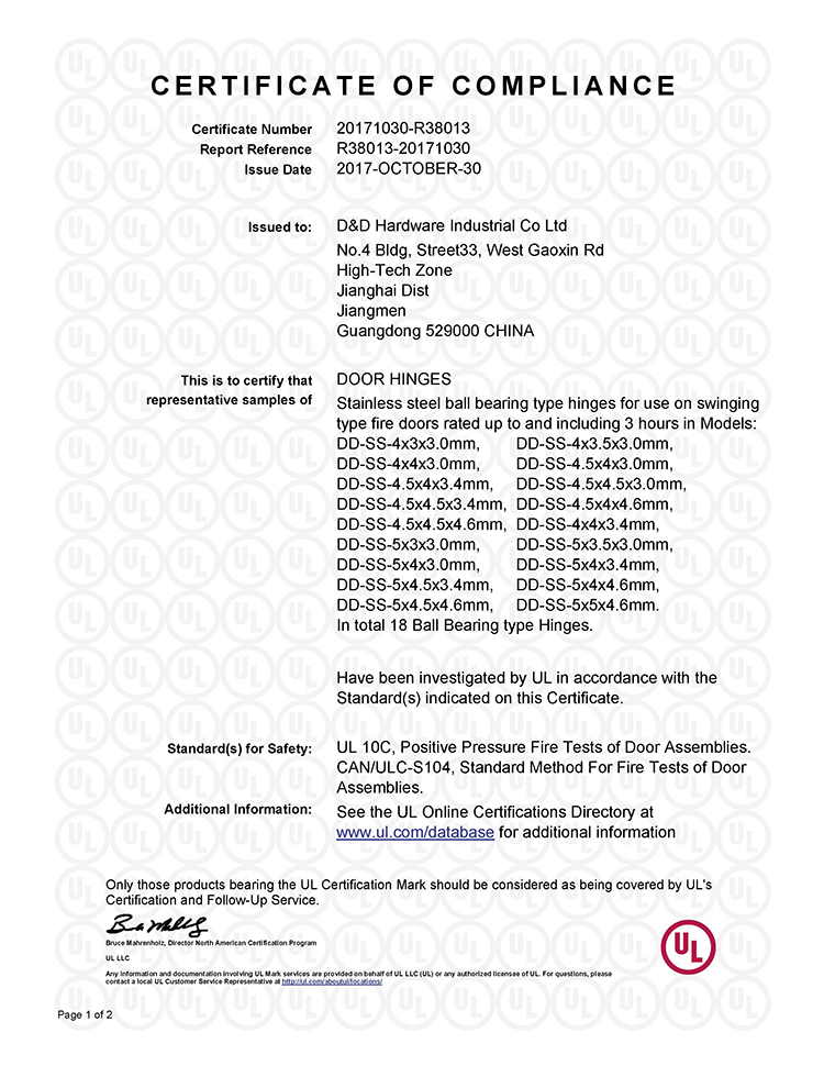 Certification UL Charnière de porte ignifuge SS201 Roulement à billes - DDSS002-FR-4.5X4.5X3.4